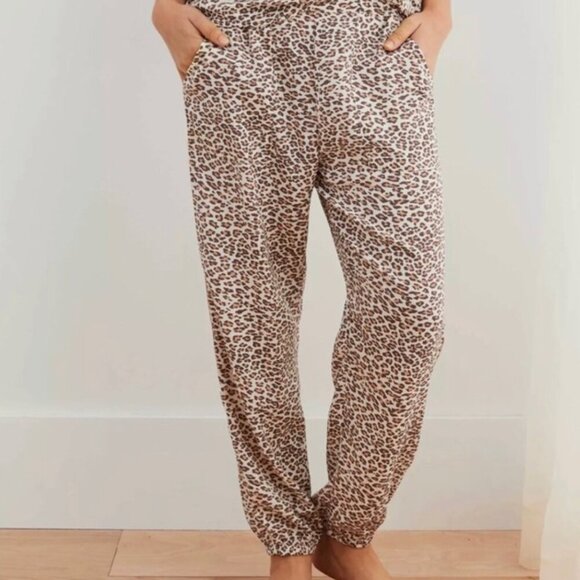 AERIE AMERICAN EAGLE Satin Jogger Lounge Pant Cream Brown Cheetah Leopard Pajama - Picture 1 of 14